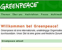 Ausschnitt der Greenpeace-Homepage